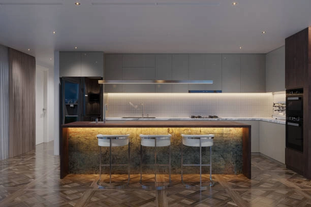 Modern kitchen with illuminated island, sleek cabinetry, and stylish seating. -general construction services