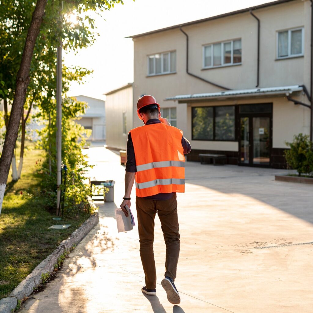 worker with protection gear heading to house